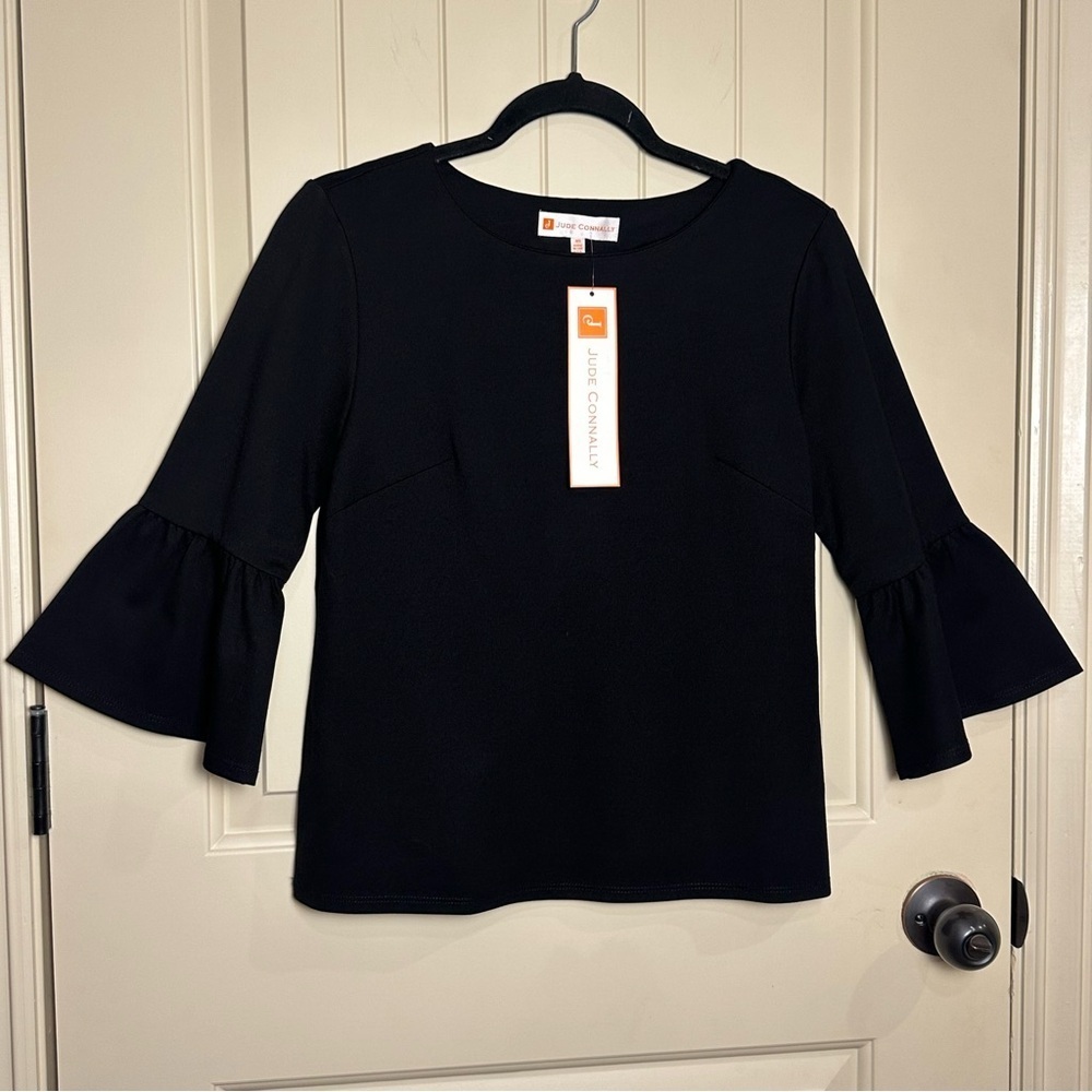 Jude Connally Dixie Ponte Black Pullover Top 3/4 Bell Sleeve Scoop Neck NWT XS - Picture 3 of 14